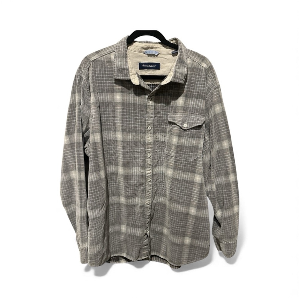 Tommy Bahama Men's Gray and white Plaid Shirt. 100% cotton.